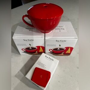 Tea Forté Red Tea Cup Set - 2 red cups, 2 tea tray NEW in BOX